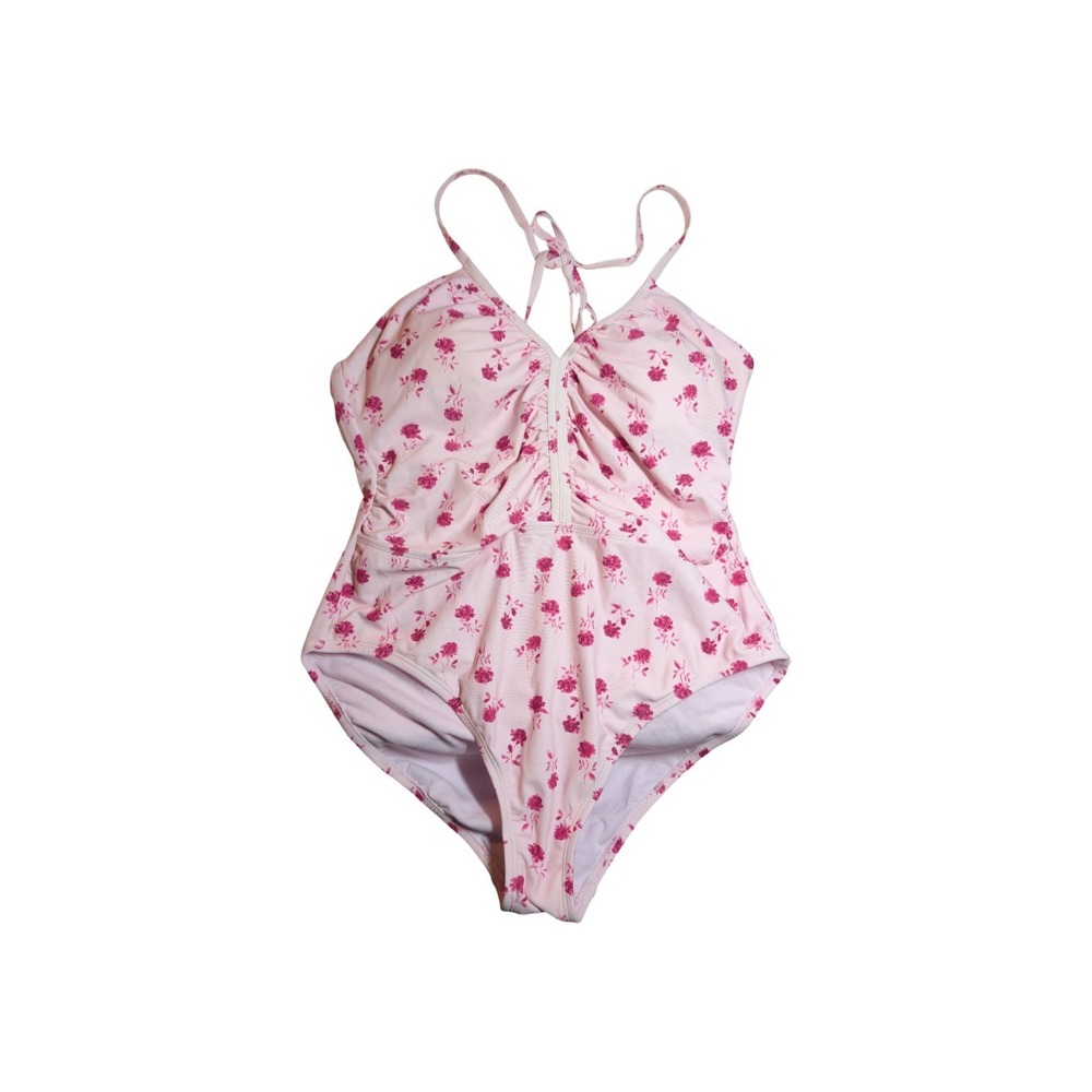 ⭐D4 Shade & Shore Women's Halter Shirred Plunge Neck Swimsuit Pink Flower Sz 22